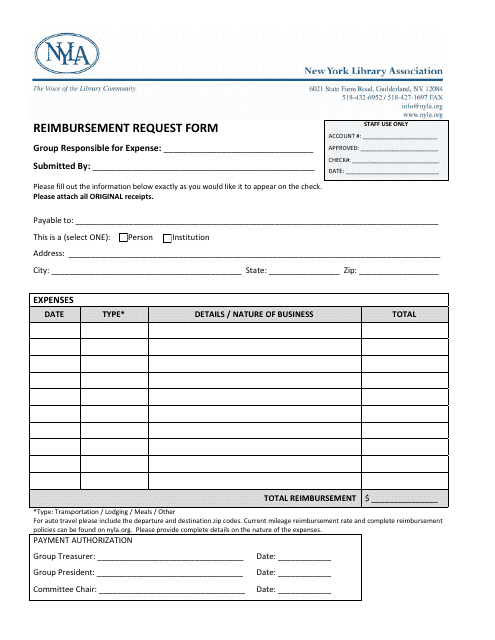 Reimbursement Request Form - Nyla Download Pdf