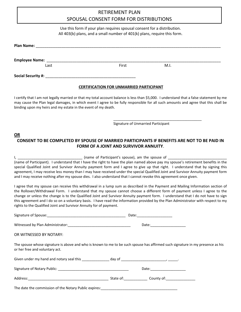 Retirement Plan Spousal Consent Form for Distributions, Page 1