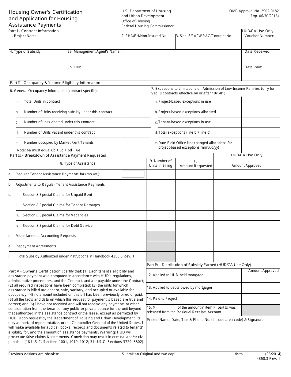 Form HUD-52670 Housing Owners Certification and Application for Housing Assistance Payments, Page 1