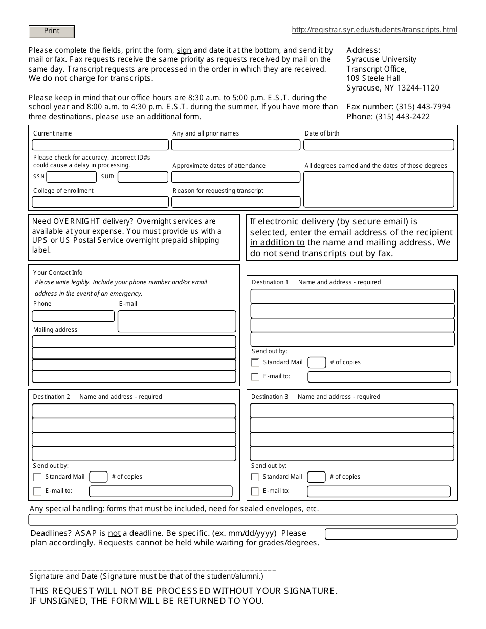 Transcript Request Form - Syracuse University Office of the Registrar, Page 1