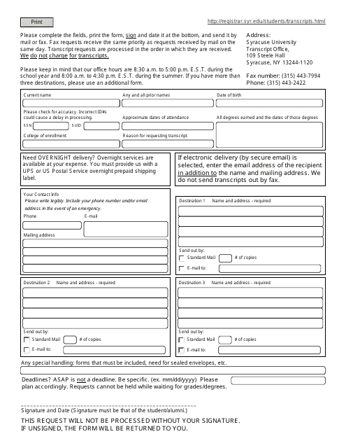 Transcript Request Form - Syracuse University Office of the Registrar