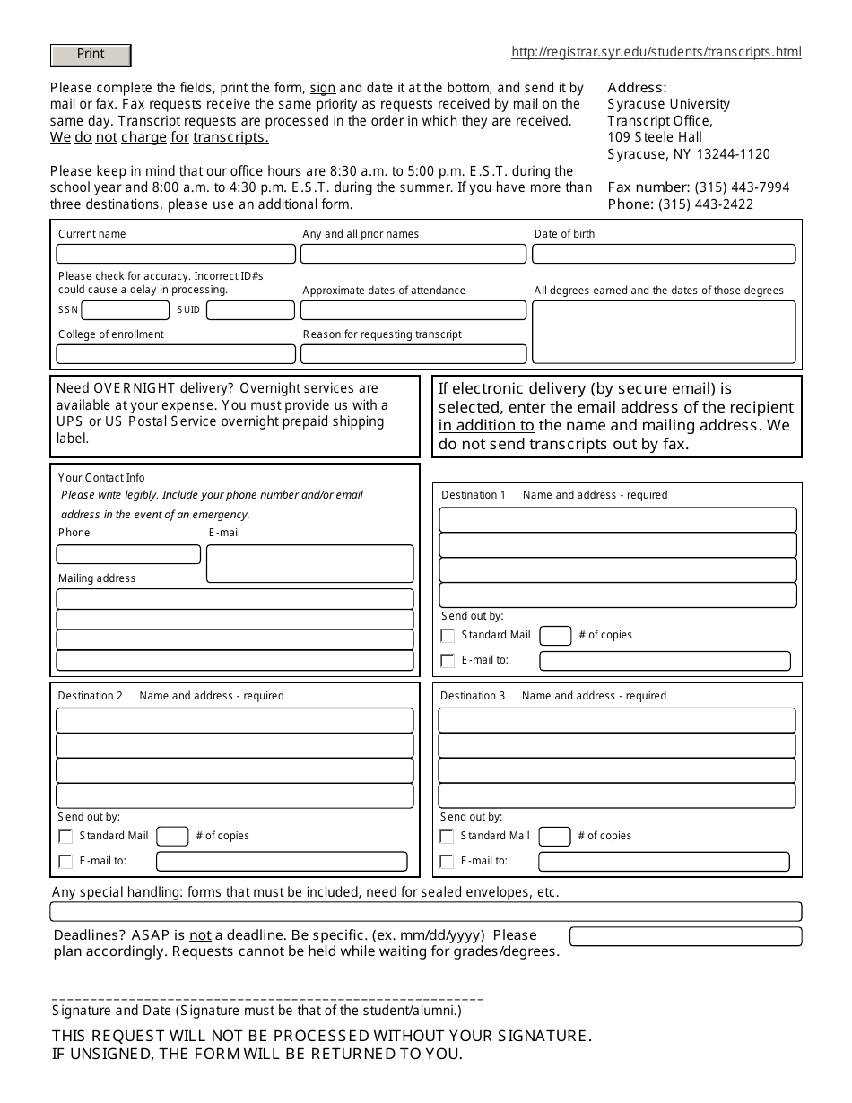 Transcript Request Form - Syracuse University Office of the Registrar Sns-Brigh10