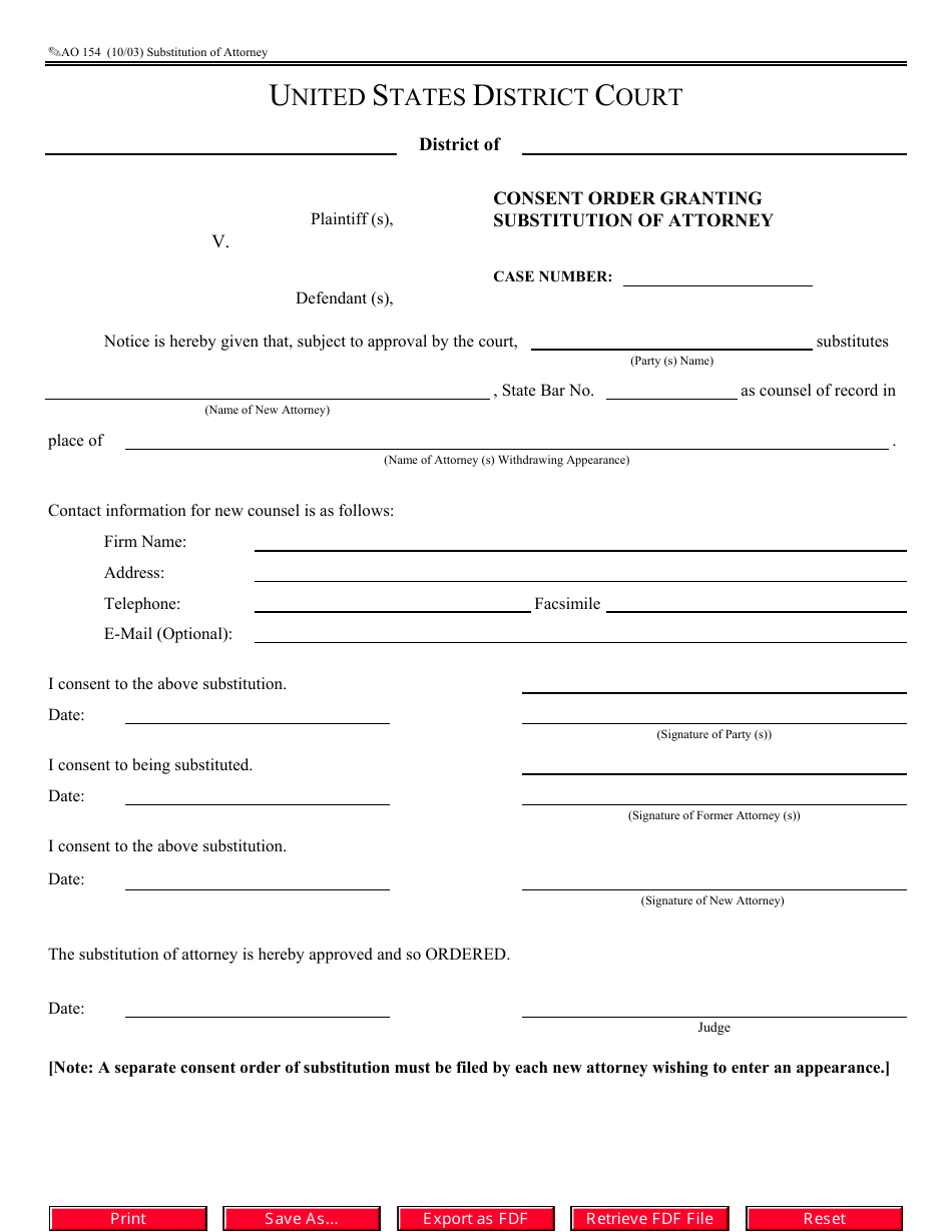 Form AO154 Consent Order Granting Substitution of Attorney, Page 1