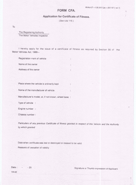 Form CFA Application for Certificate of Fitness - Tamil Nadu, India