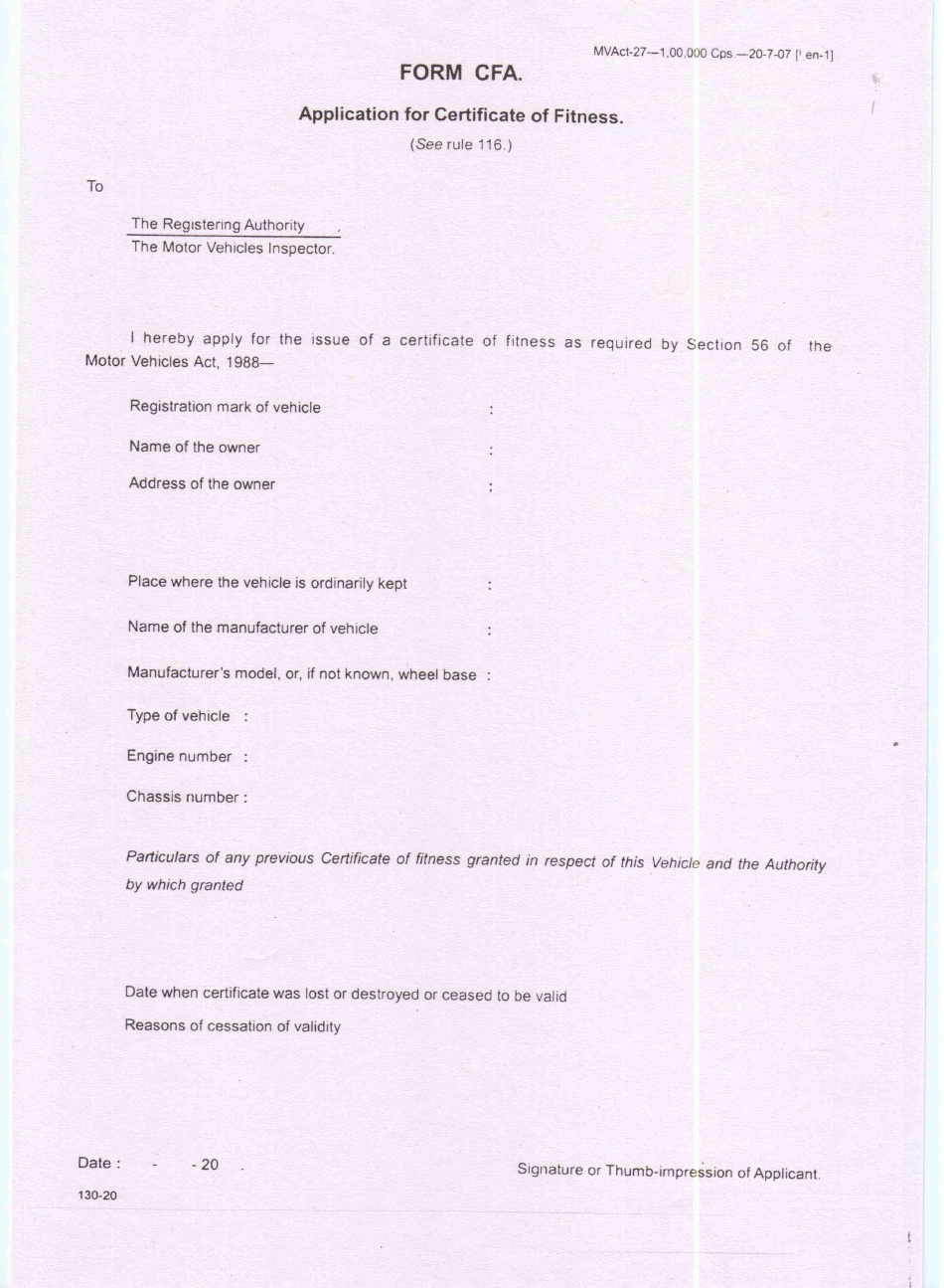 Form CFA Application for Certificate of Fitness - Tamil Nadu, India, Page 1