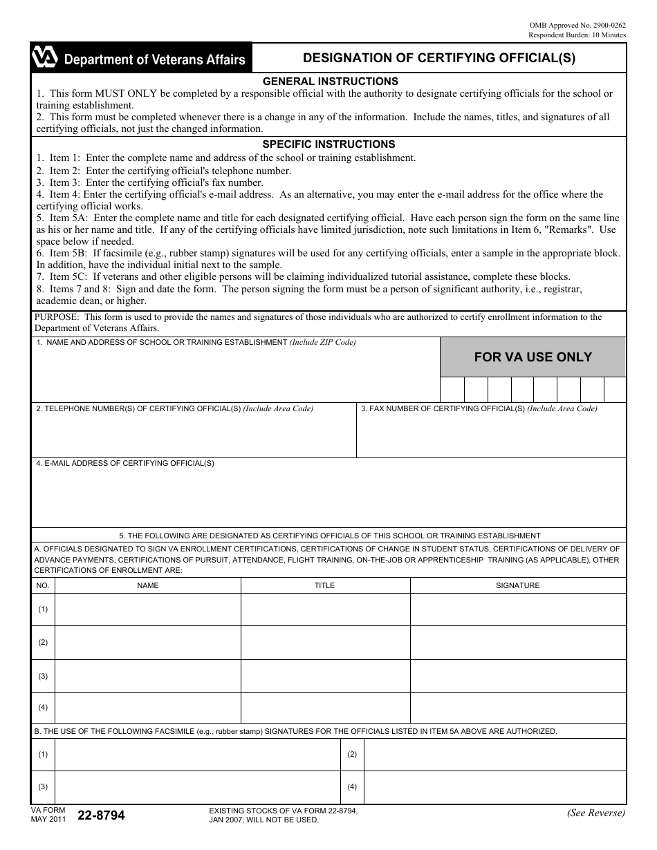 VA Form 22-8794 Designation of Certifying Official(S), Page 1