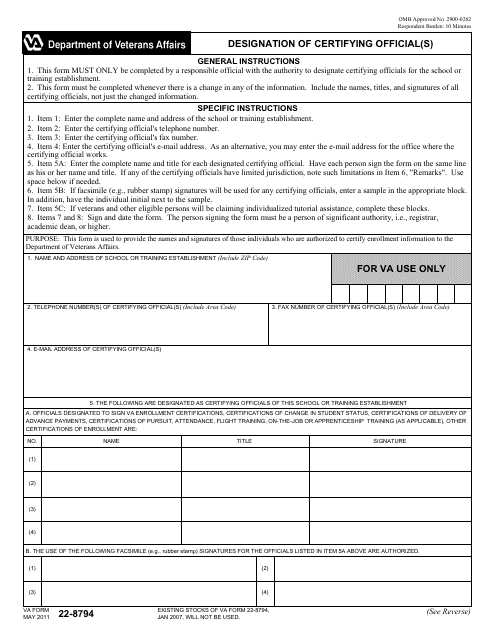 VA Form 22-8794 Designation of Certifying Official(S)