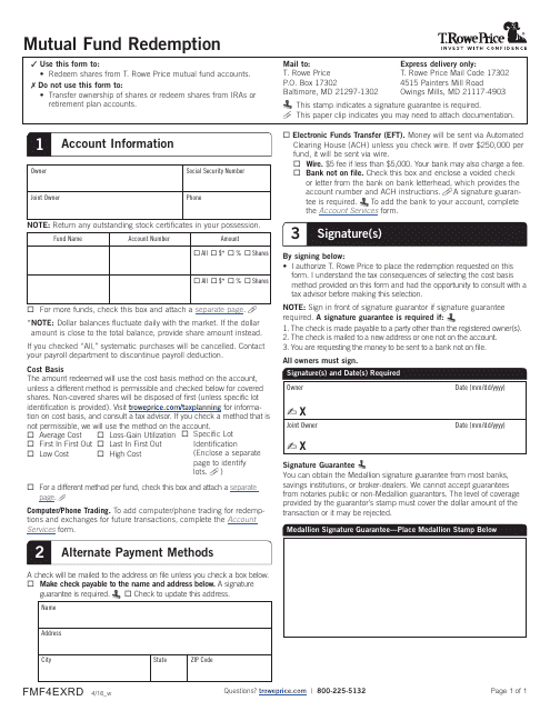 Mutual Fund Redemption Form - T. Rowe Price - Maryland Download Pdf