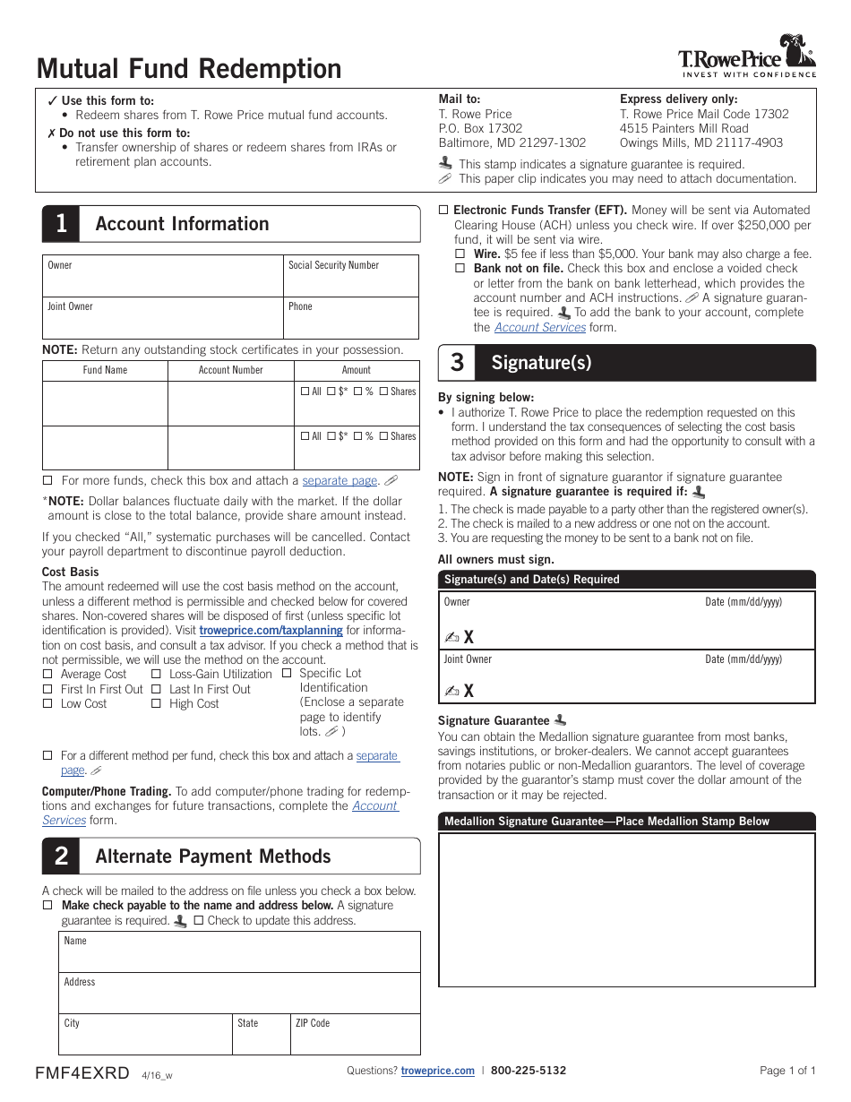 Mutual Fund Redemption Form - T. Rowe Price - Maryland, Page 1