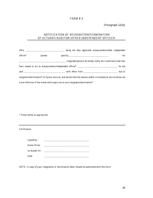 Form B-3 Notification of Resignation/Termination of Actuary/ Auditor/ Other Independent Officer - British Virgin Islands