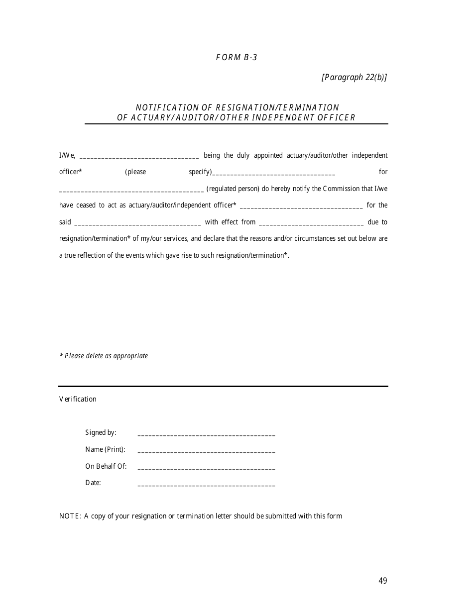 Form B-3 Notification of Resignation/Termination of Actuary/ Auditor/ Other Independent Officer - British Virgin Islands, Page 1