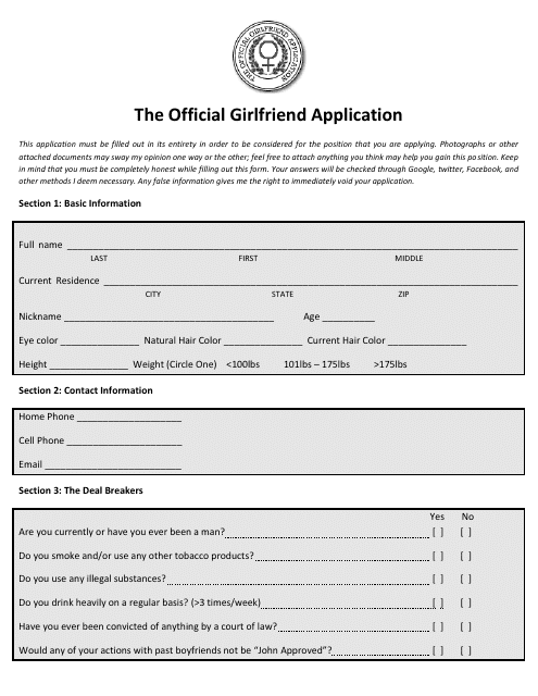 Official Girlfriend Application Form Download Printable Pdf 3399