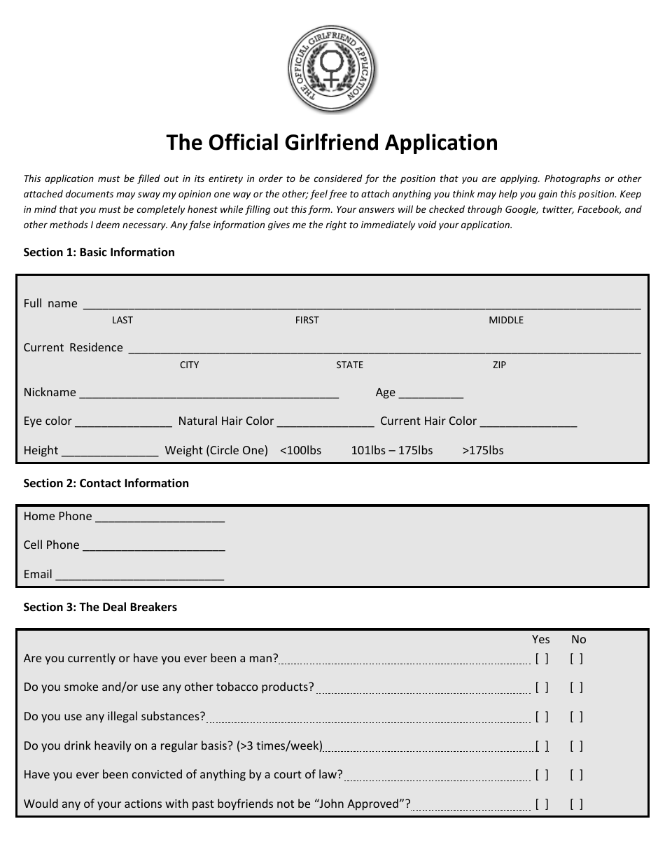 Official Girlfriend Application Form Download Printable PDF