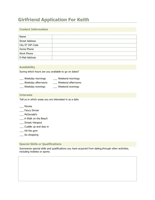 Girlfriend Application Form for Keith Download Pdf