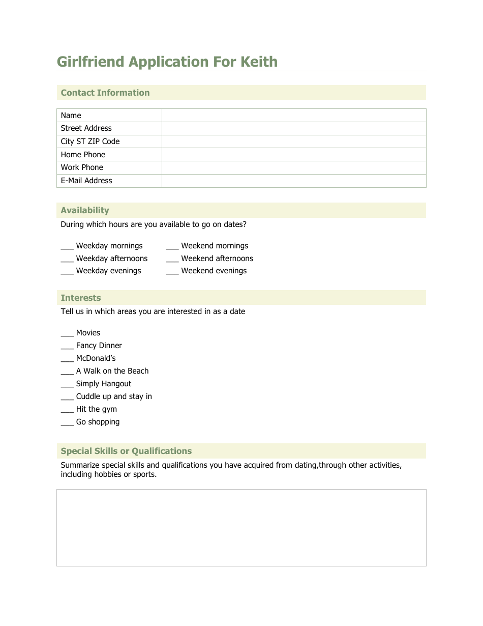 Girlfriend Application Form for Keith, Page 1