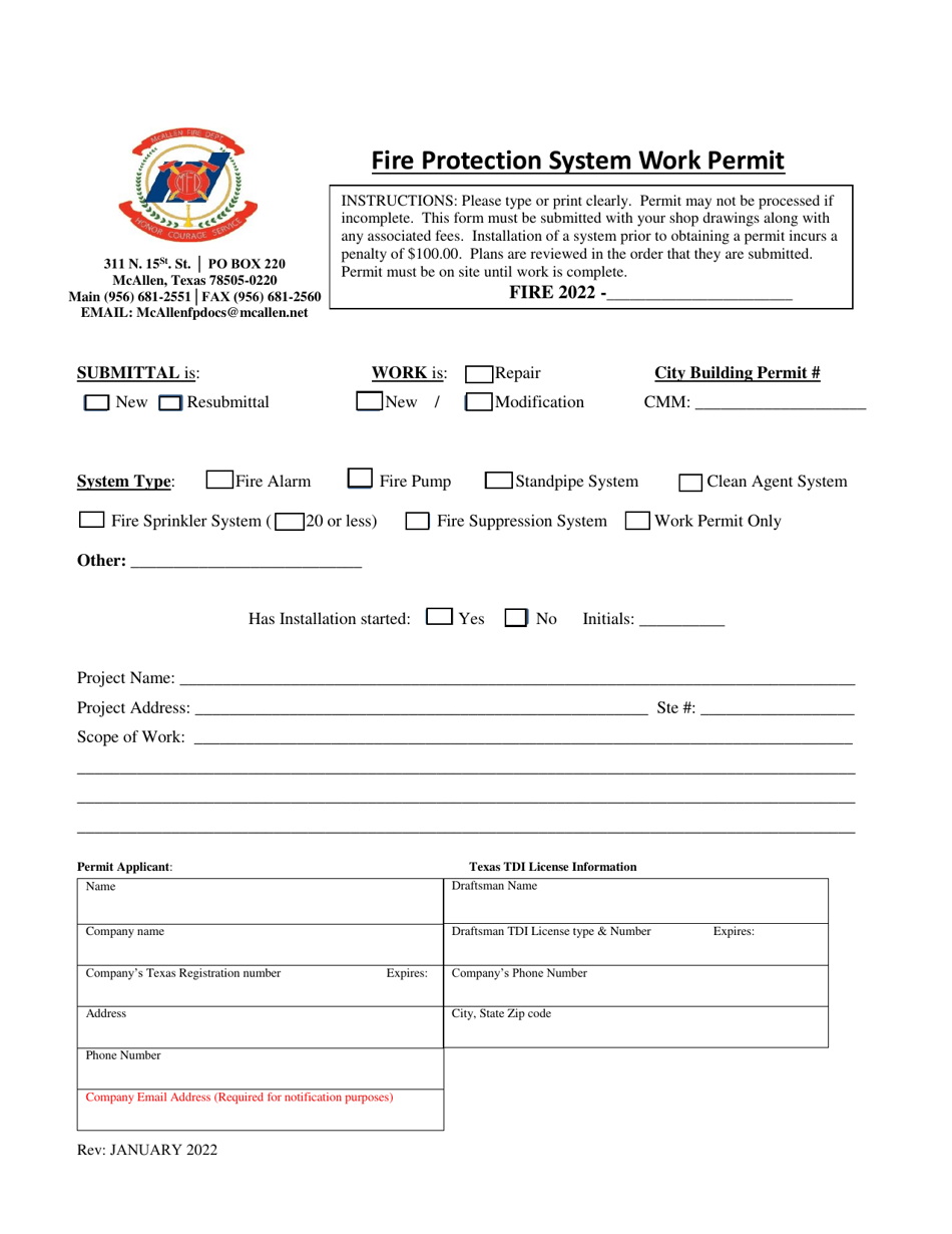 Fire Protection System Work Permit - City of McAllen, Texas, Page 1