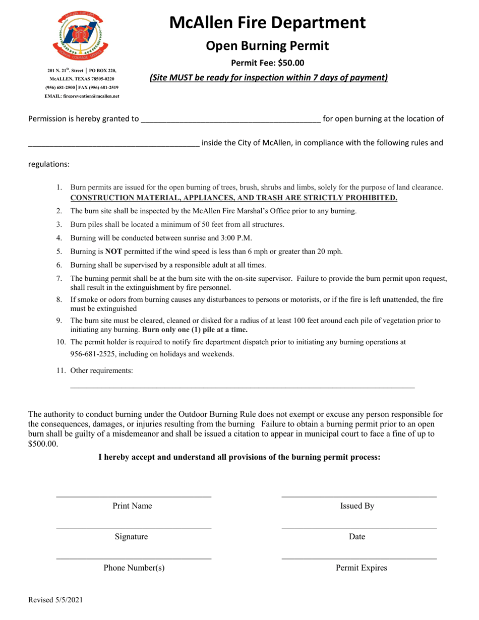 Open Burning Permit - City of McAllen, Texas, Page 1