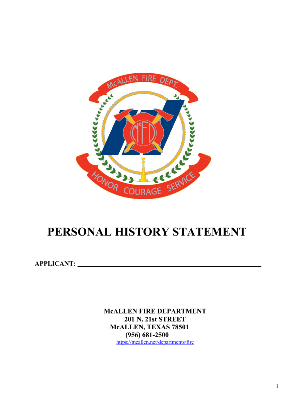 Personal History Statement - City of McAllen, Texas, Page 1