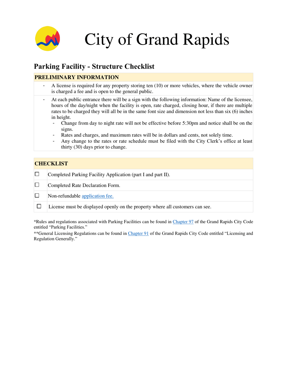 Parking Facility Structure License Checklist - City of Grand Rapids, Michigan, Page 1