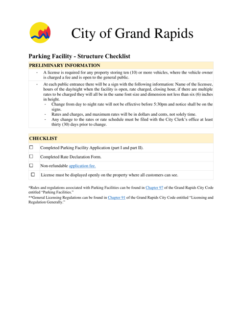 Parking Facility Structure License Checklist - City of Grand Rapids, Michigan Download Pdf