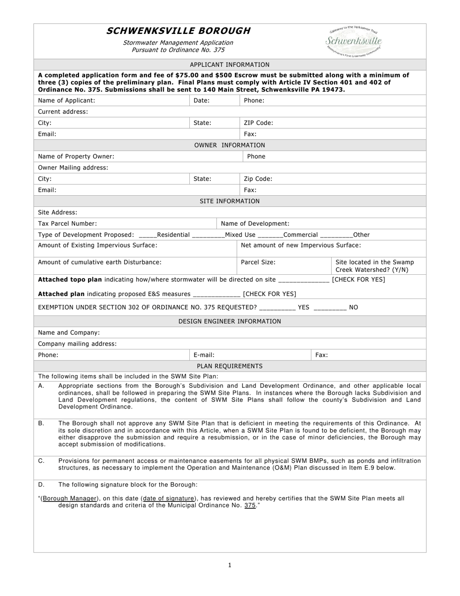 Schwenksville Borough, Pennsylvania Stormwater Management Application ...