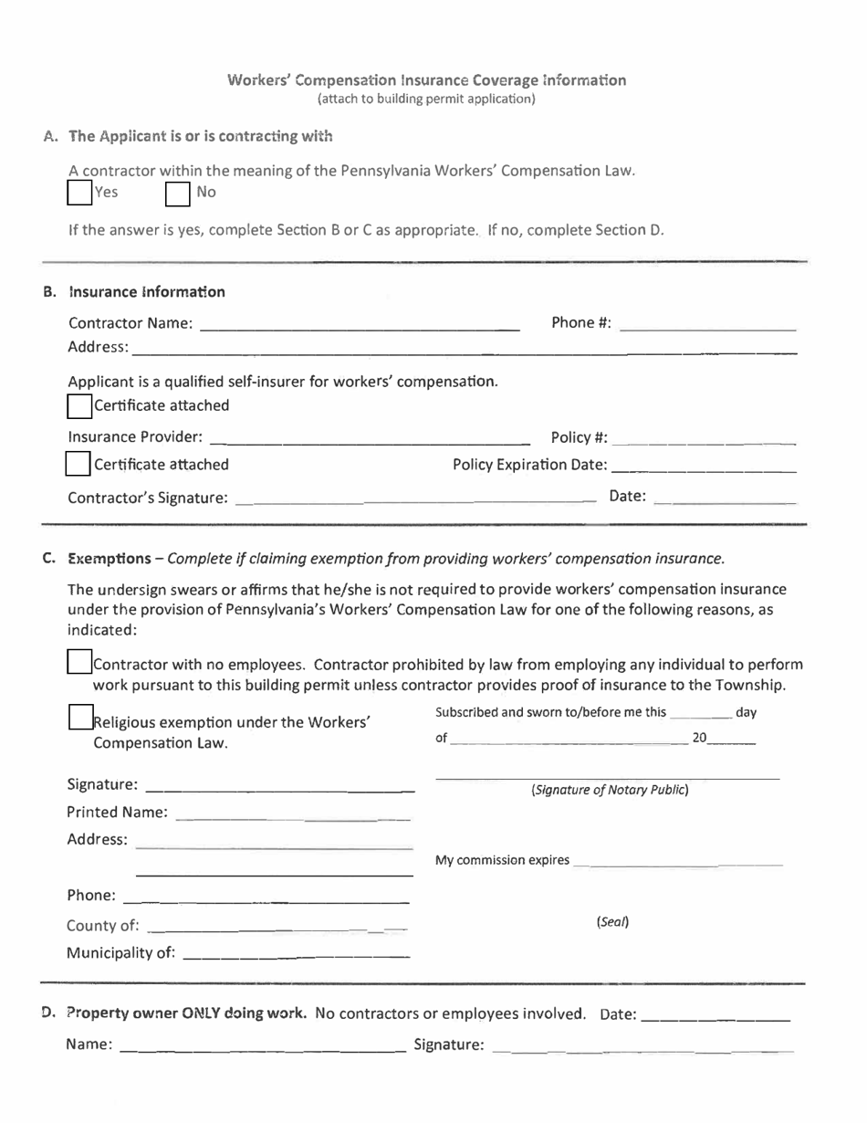 Workers Compensation Insurance Coverage Information / Exemption Form - Schwenksville Borough, Pennsylvania, Page 1