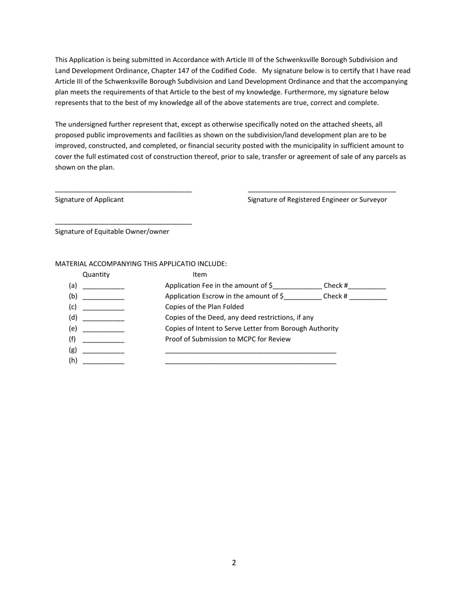 Subdivision and Land Development Applicaton - Schwenksville Borough, Pennsylvania, Page 2