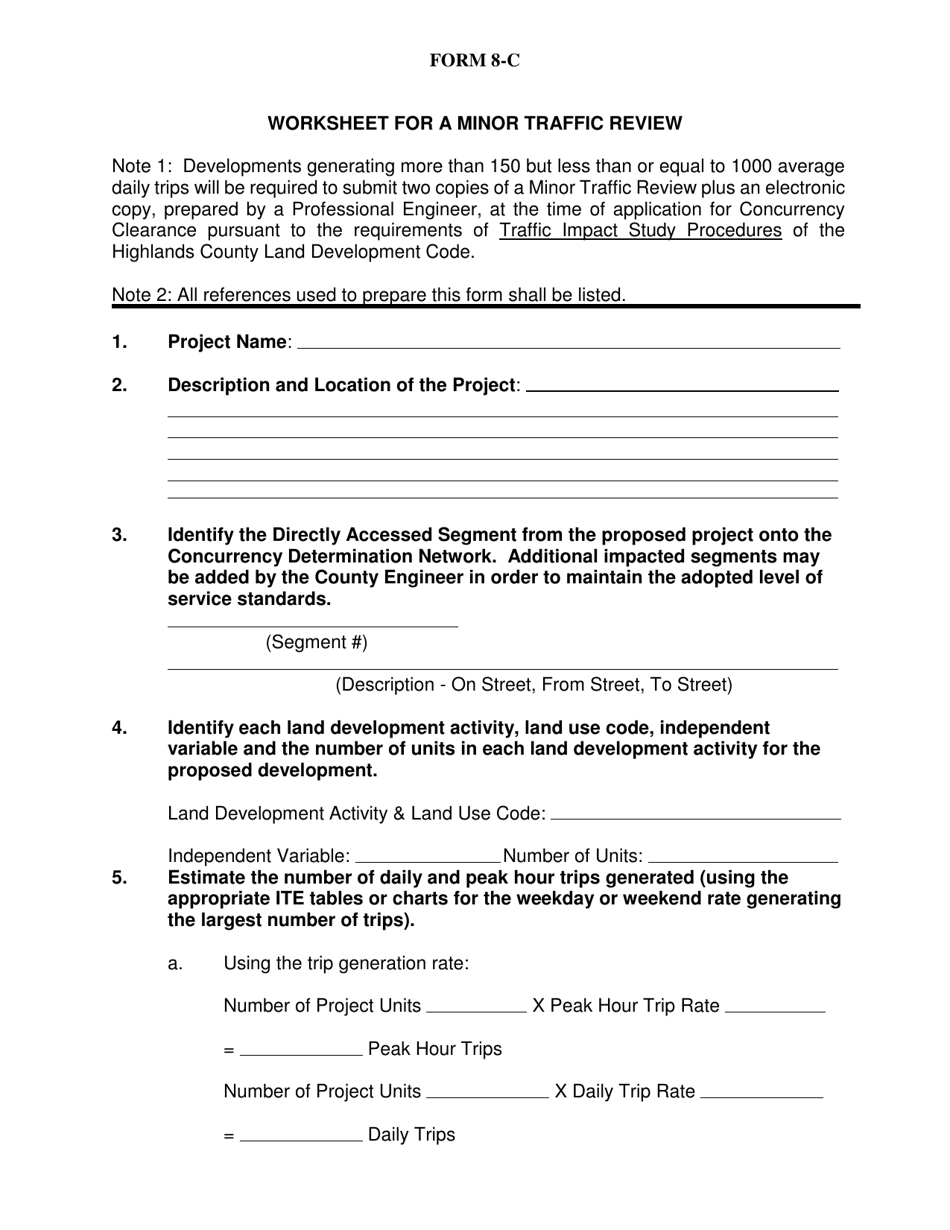 Form 8-C Worksheet for a Minor Traffic Review - Highlands County, Florida, Page 1
