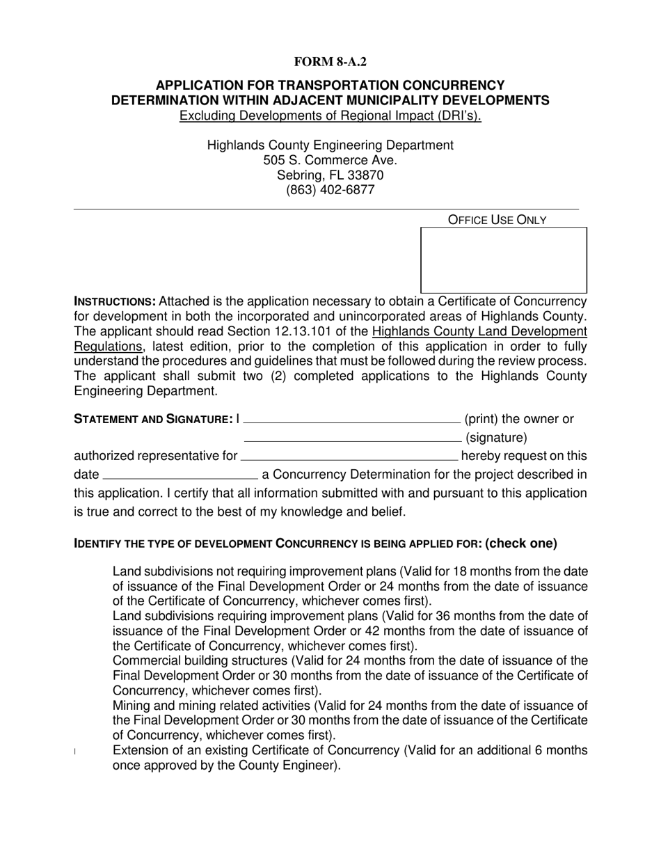 Form 8-A.2 Application for Transportation Concurrency Determination Within Adjacent Municipality Developments - Highlands County, Florida, Page 1