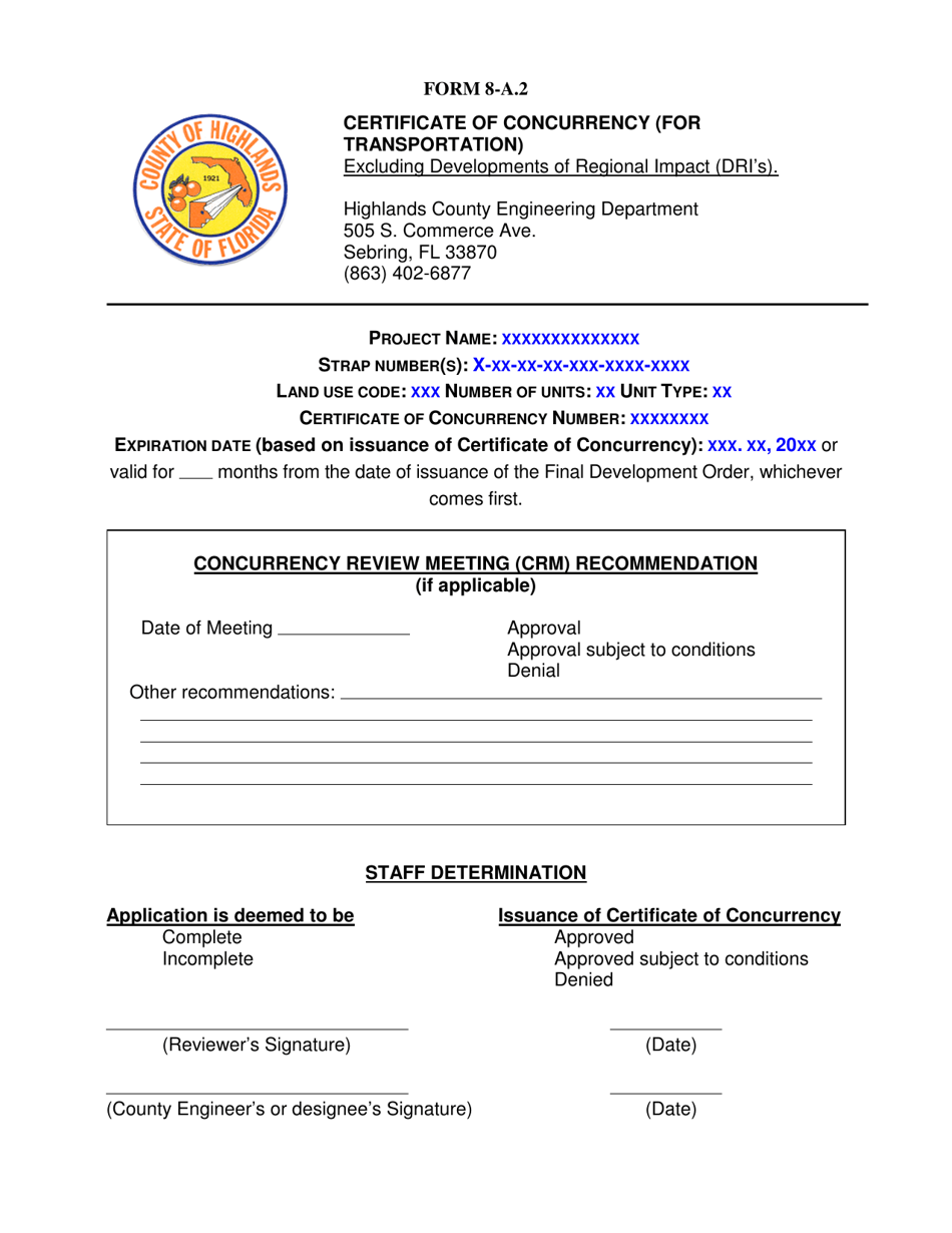 Form 8-A.2 Application for Transportation Concurrency Determination Within Adjacent Municipality Developments - Highlands County, Florida, Page 4