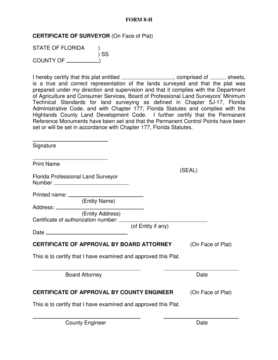 Form 8-H Certificate of Surveyor - Highlands County, Florida, Page 1