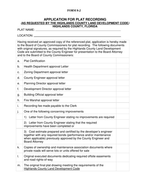 Form 8-J Application for Plat Recording - Highlands County, Florida