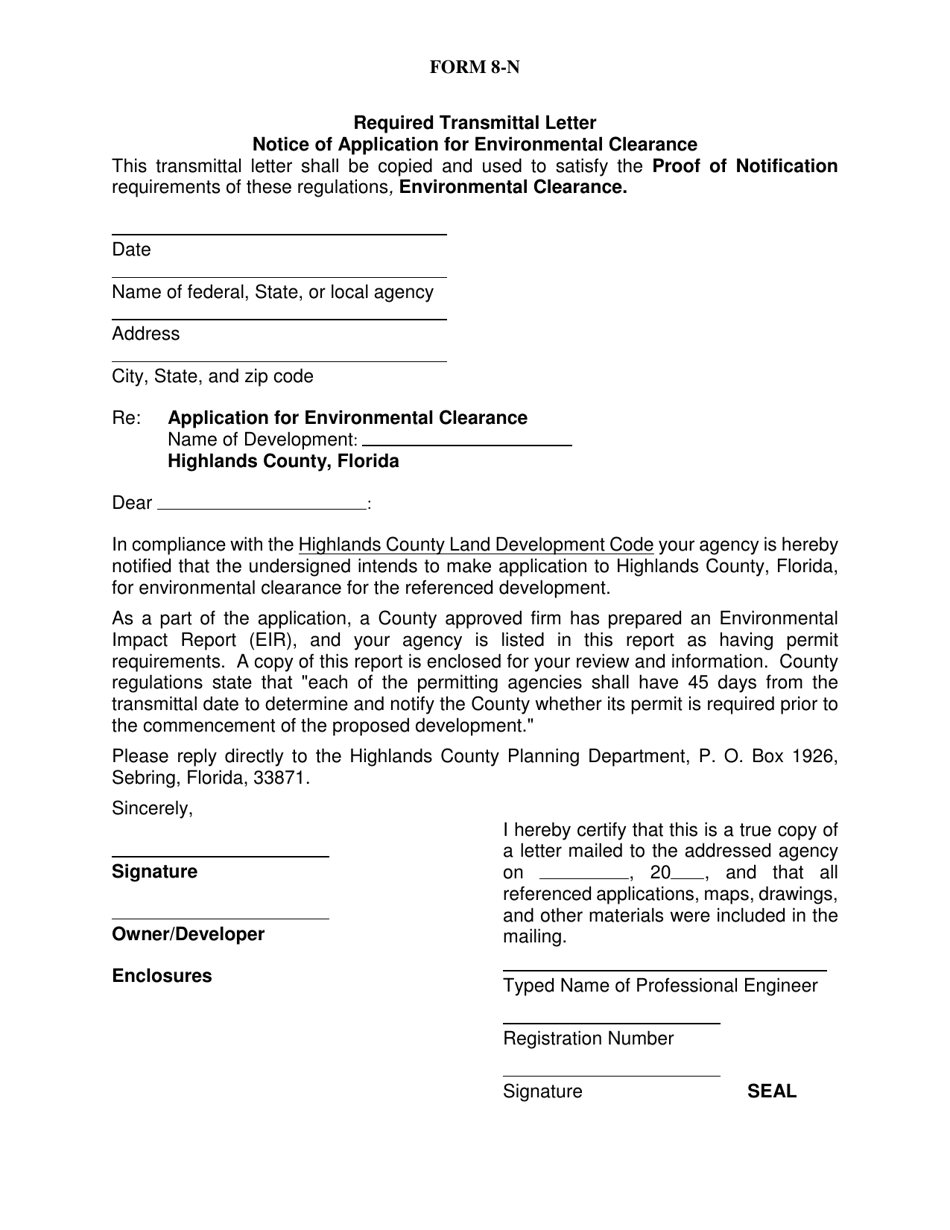 Form 8-N Required Transmittal Letter Notice of Application for Environmental Clearance - Highlands County, Florida, Page 1