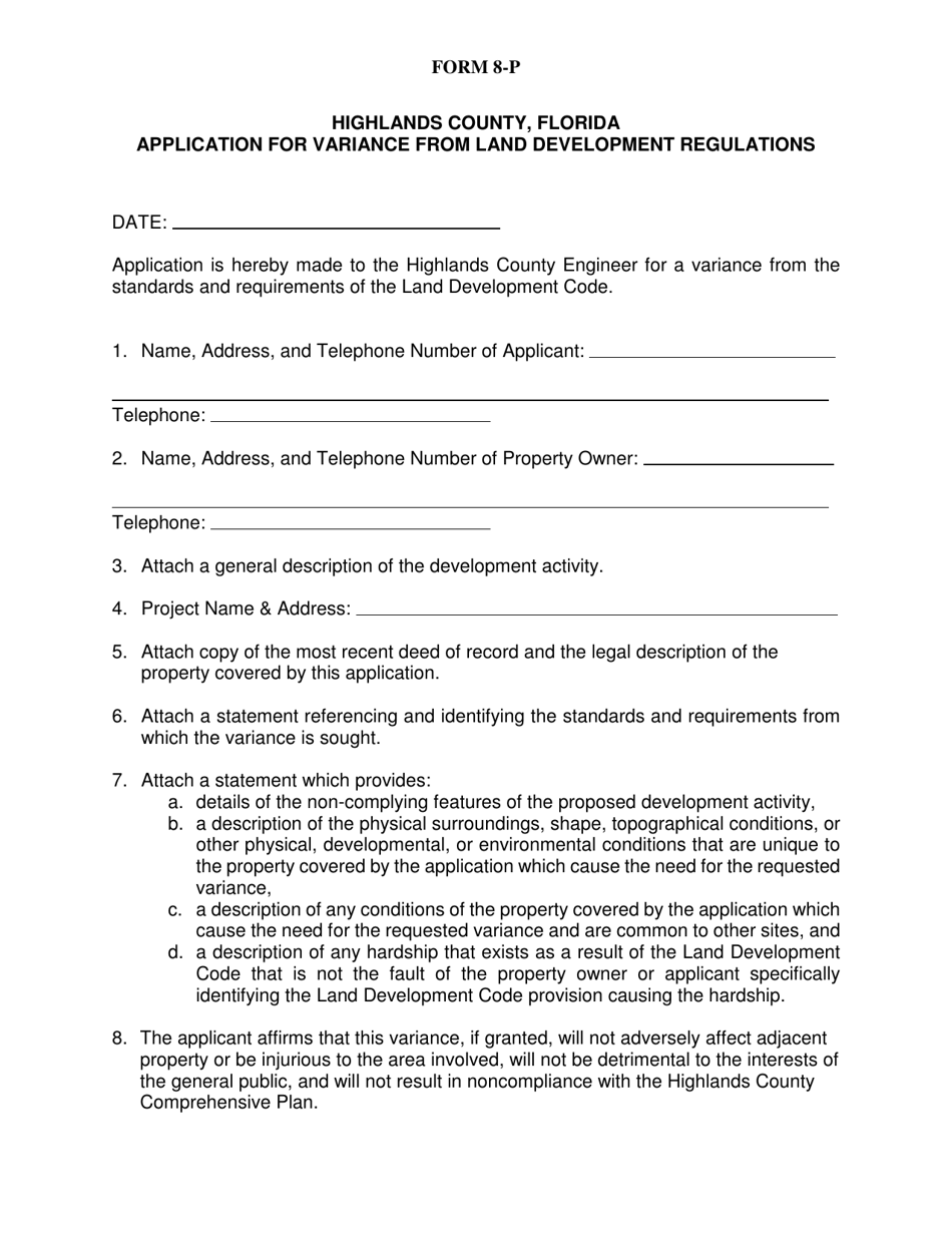 Form 8-P Application for Variance From Land Development Regulations - Highlands County, Florida, Page 1