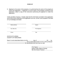 Form 8-P Application for Variance From Land Development Regulations - Highlands County, Florida, Page 2