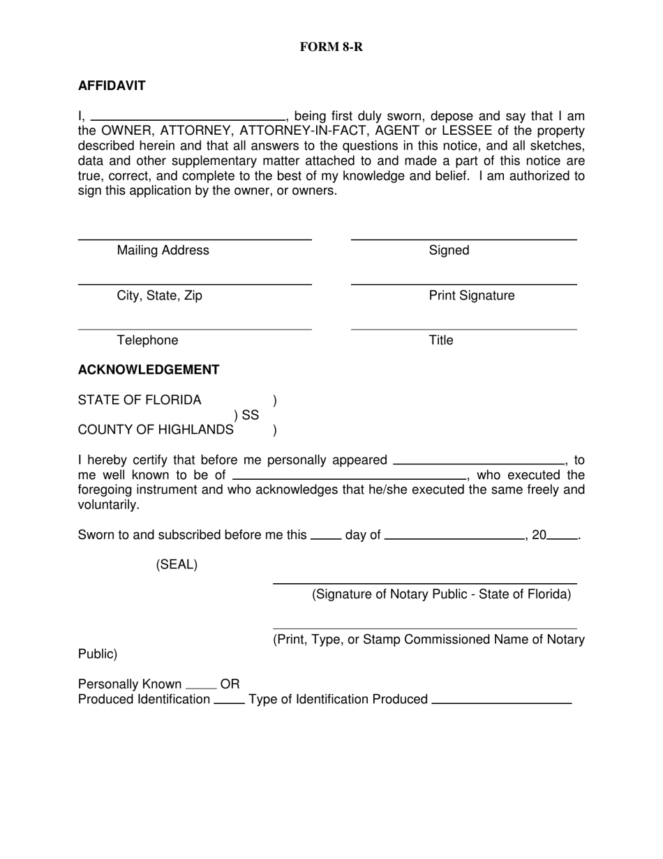 Form 8-R Affidavit - Highlands County, Florida, Page 1