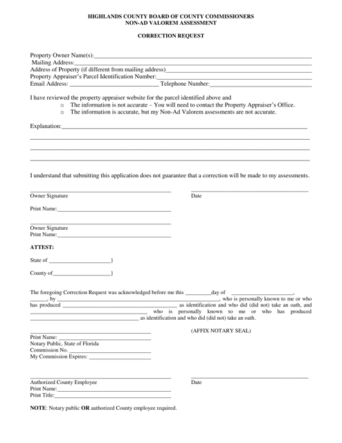 Non-ad Valorem Assessment - Correction Request - Highlands County, Florida Download Pdf