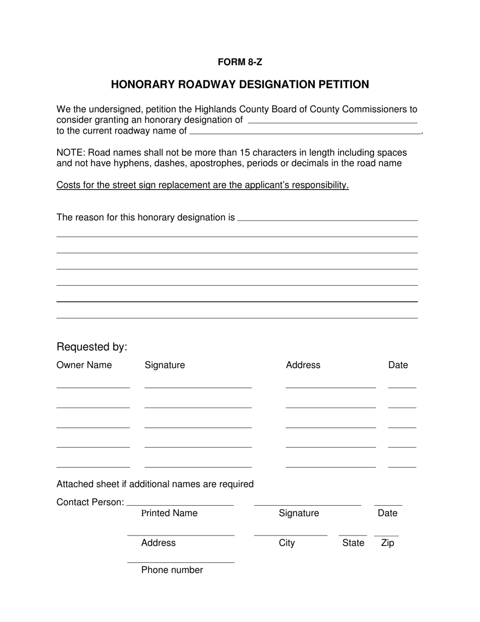 Form 8-Z Honorary Roadway Designation Petition - Highlands County, Florida, Page 1