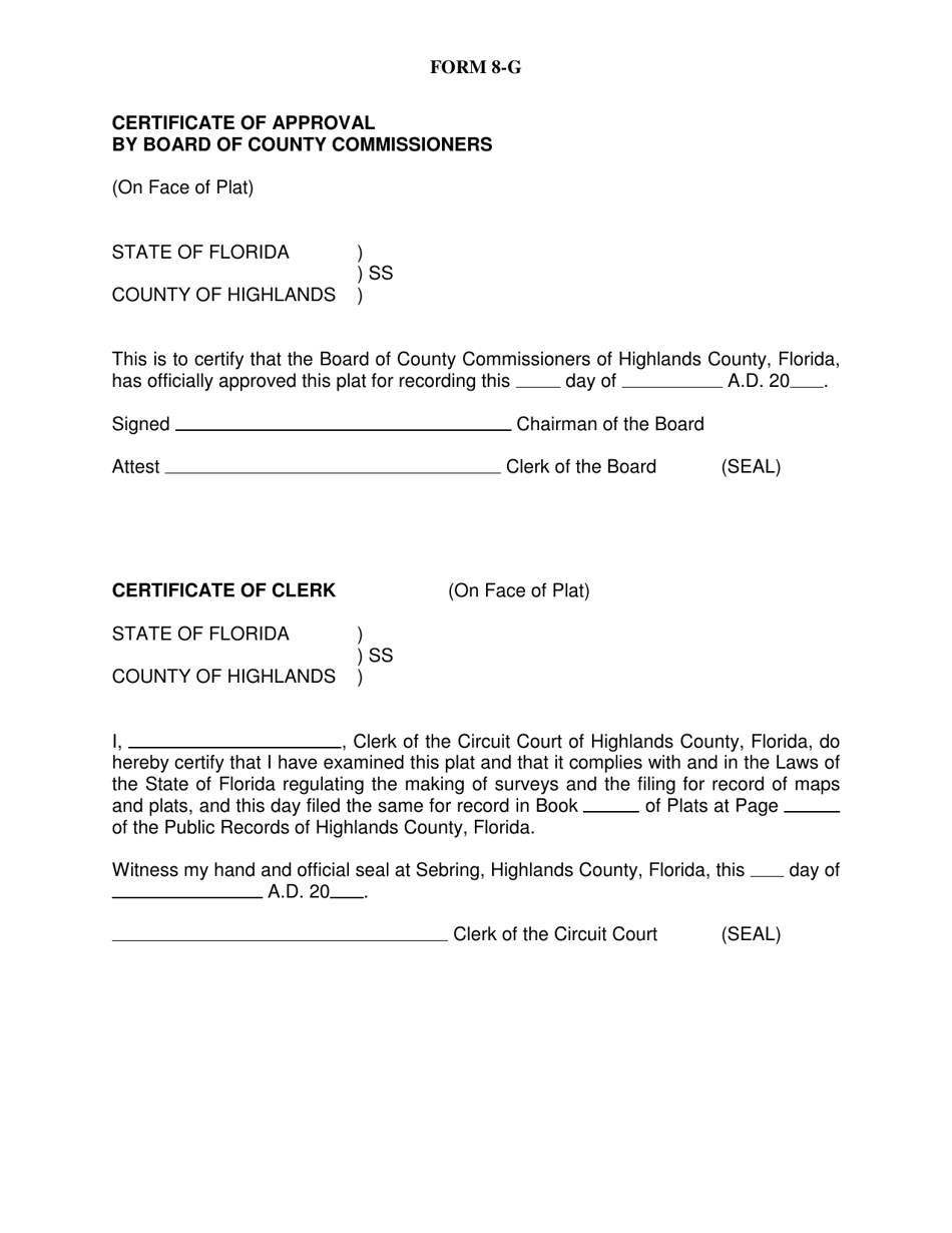 Form 8-G Certificate of Approval by Board of County Commissioners - Highlands County, Florida, Page 1