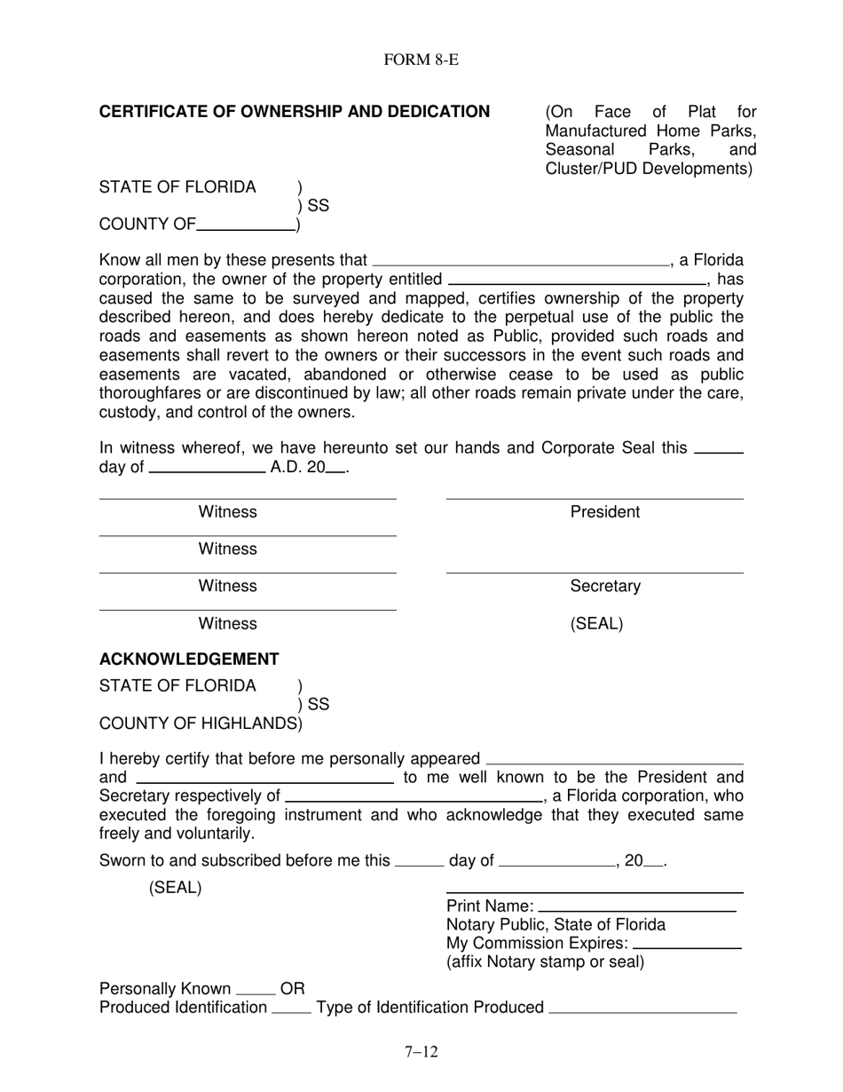 Form 8-E Certificate of Ownership and Dedication - Highlands County, Florida, Page 1