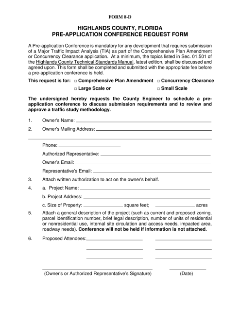 Form 8-D Pre-application Conference Request Form - Highlands County, Florida
