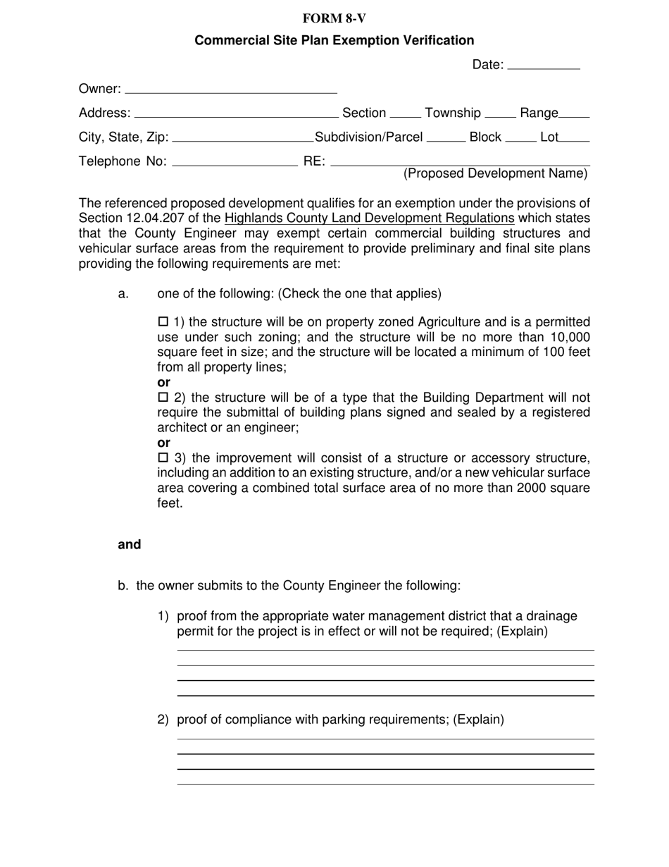 Form 8-V Commercial Site Plan Exemption Verification - Highlands County, Florida, Page 1