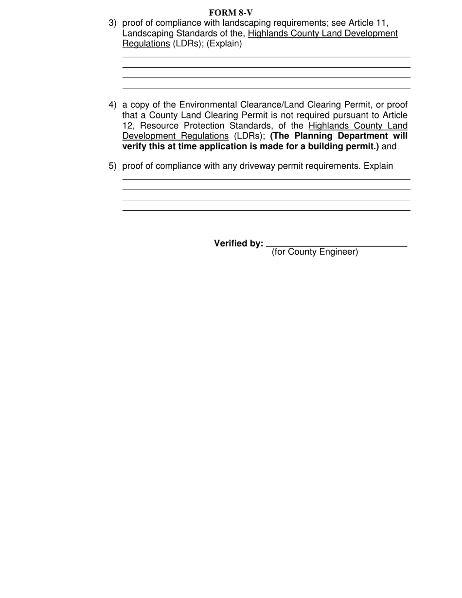Form 8-V Commercial Site Plan Exemption Verification - Highlands County, Florida, Page 2