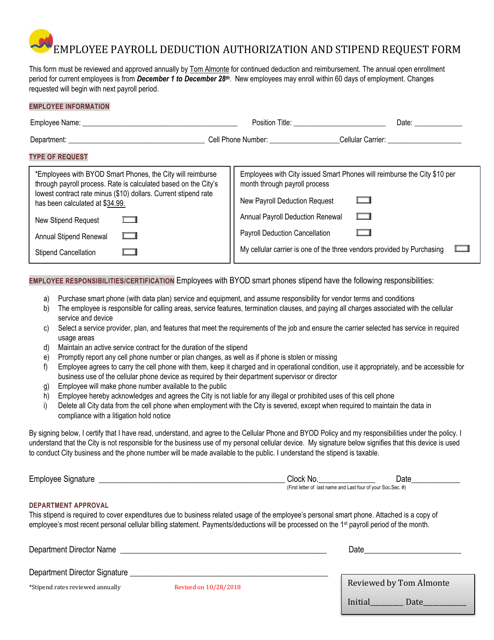 Employee Payroll Deduction Authorization and Stipend Request Form - City of Grand Rapids, Michigan Download Pdf