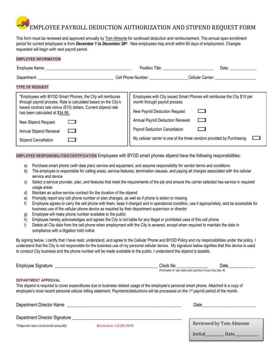 Employee Payroll Deduction Authorization and Stipend Request Form - City of Grand Rapids, Michigan, Page 1