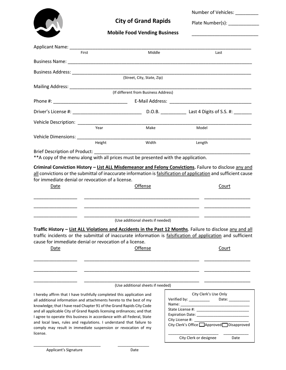 Mobile Food Vending Business License Application - City of Grand Rapids, Michigan, Page 1