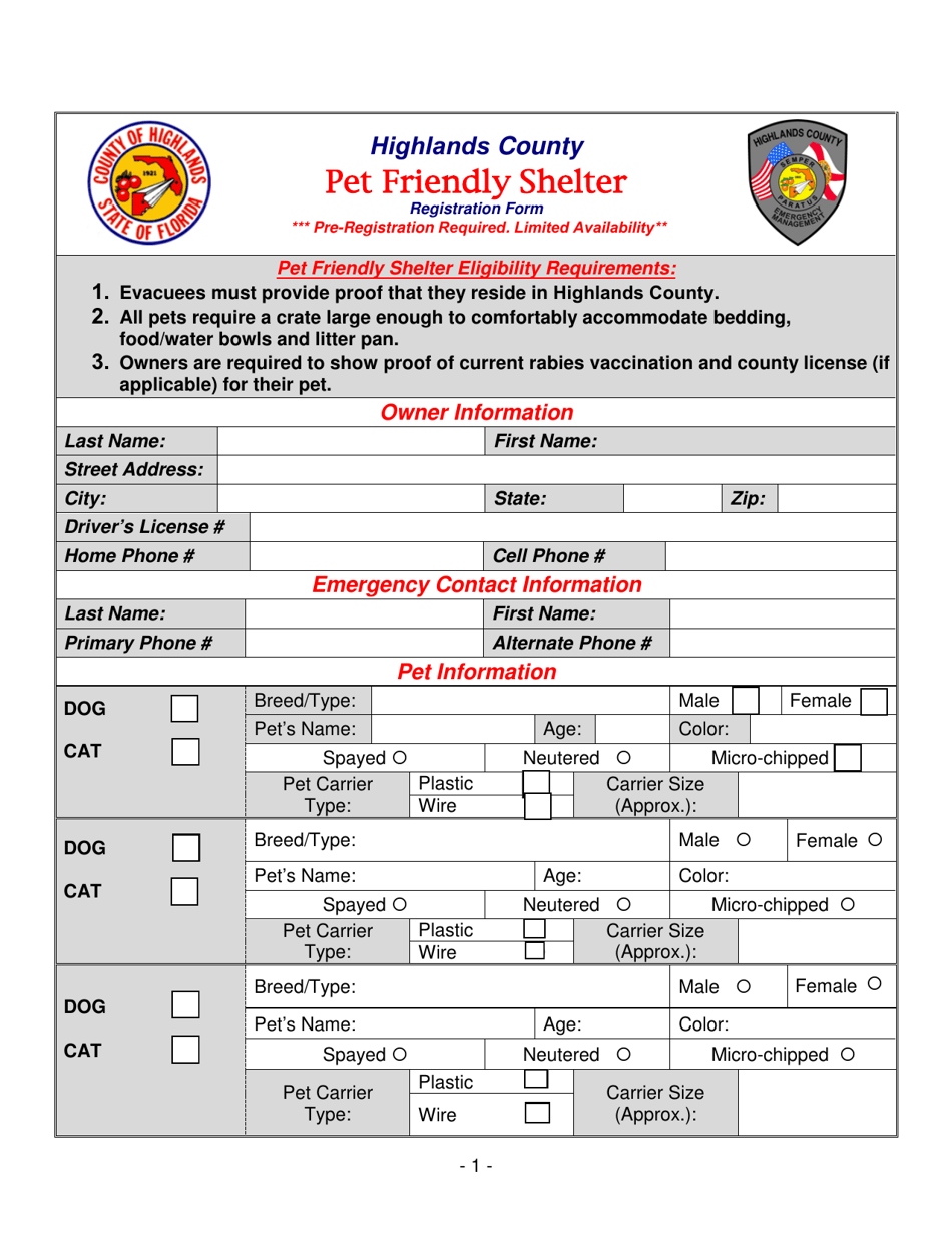 Pet Friendly Shelter Registration Form - Highlands County, Florida, Page 1