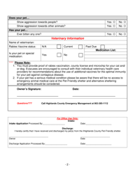Pet Friendly Shelter Registration Form - Highlands County, Florida, Page 2