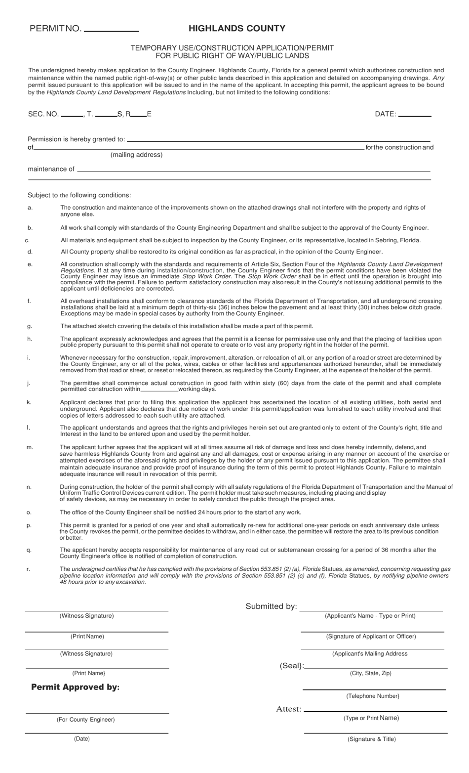Temporary Use / Construction Application / Permit for Public Right of Way / Public Lands - Highlands County, Florida, Page 1