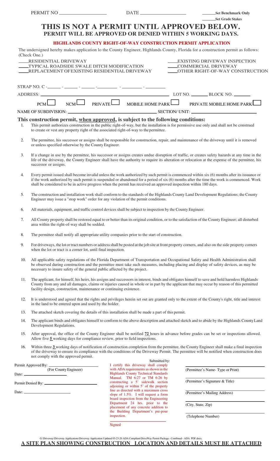 Right-Of-Way Construction Permit Application - Highlands County, Florida, Page 1